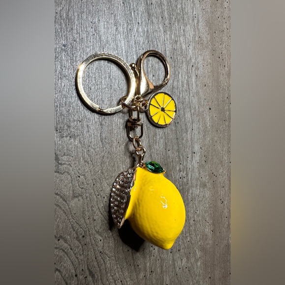 Accessories - Yellow Lemon Keychain with Rhinestone Leaf